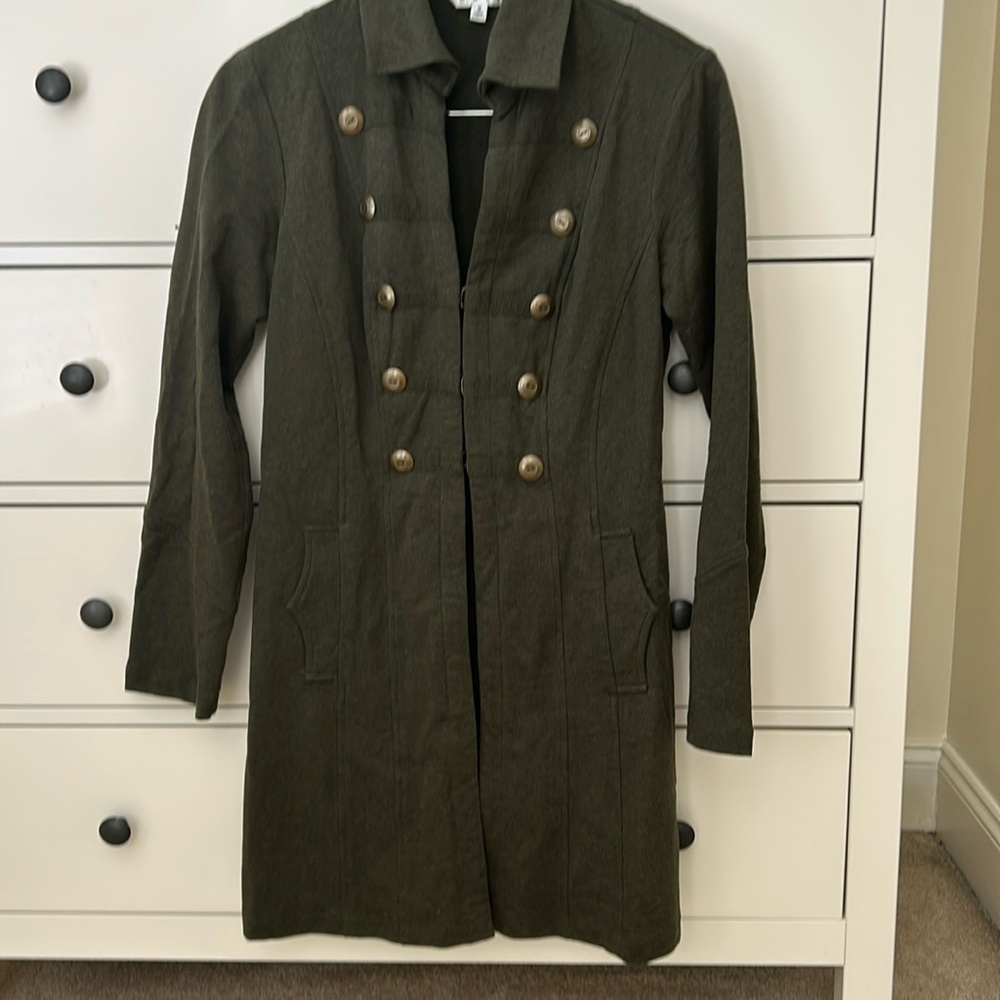 CABI
small dark green “military jacket”.
Knee length. Worn once or twice